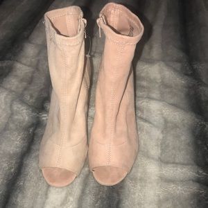 Light pink peep toe suede ankle bootie heel